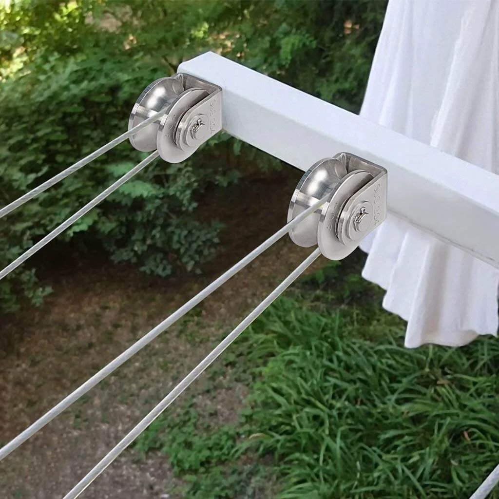 Installed U Groove Pulley Block 2", 304 Stainless Steel Pulley Roller, Duplex Bearing Single Wheel on wire rope outdoors