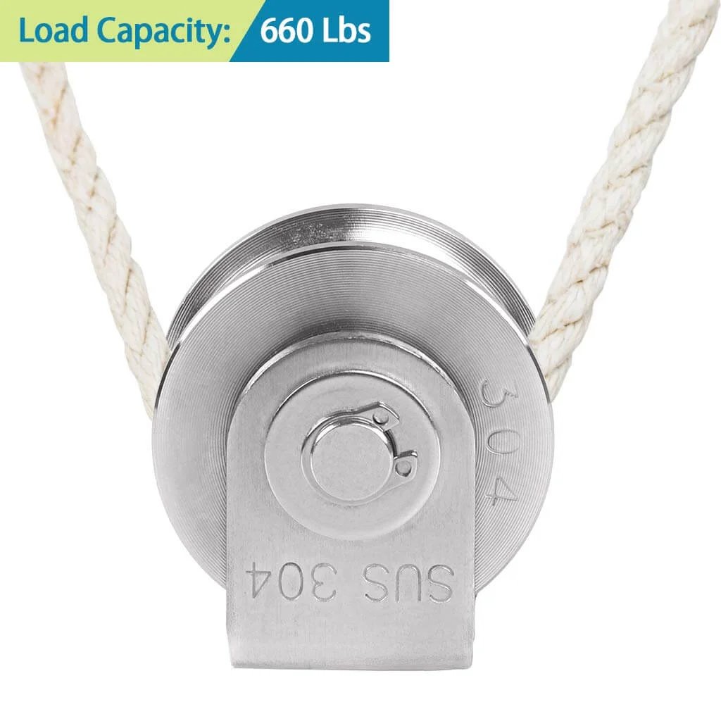 Front view of U Groove Pulley Block 2" in 304 stainless steel, duplex bearing, showing load capacity of 660 lbs for wire rope traction.