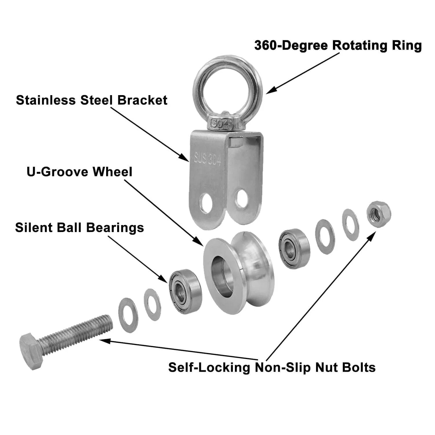 2 Inch U-Type Pulleys for Rope, Stainless Steel M10 Swivel Pulley Block with Bearing, U-Groove Roller Single Pulley Wheel parts