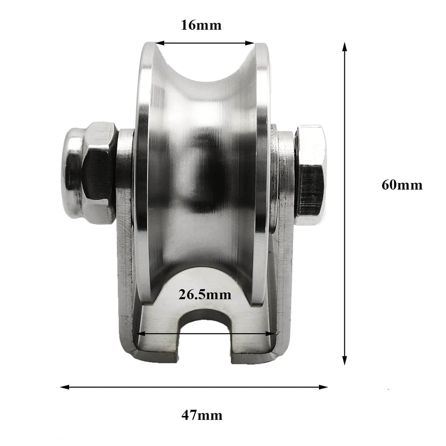 Detachable Oblique Stainless Steel U-Type Groove Sliding Wheel Roller Track Rail Fixed Pulley, Silver Tone, front view with dimensions