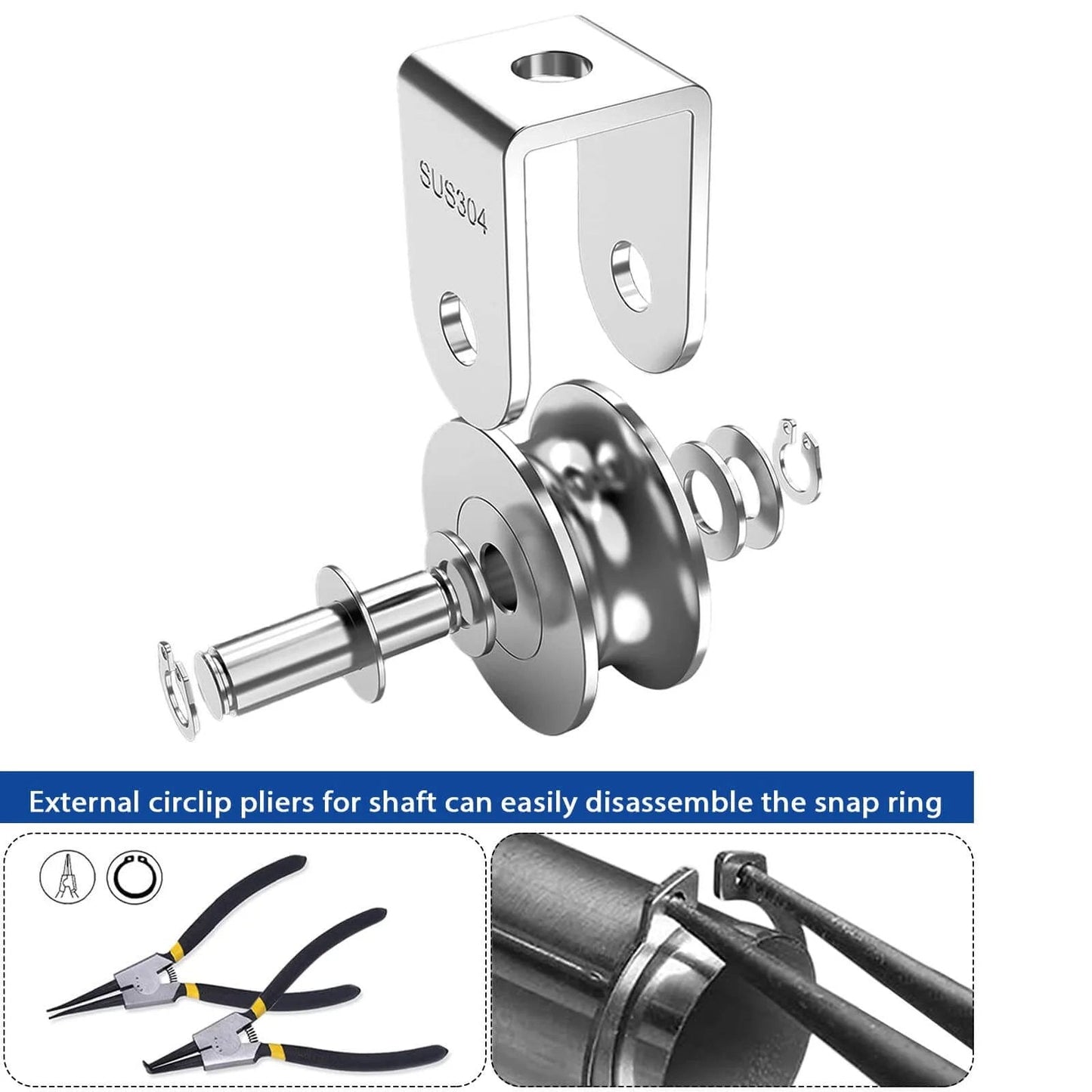 Disassembled 2 Pack 2 Inch Pulley Block U Grooved Wheel Pulley, 304 Stainless Steel Pulley Roller with tools, 880lb capacity