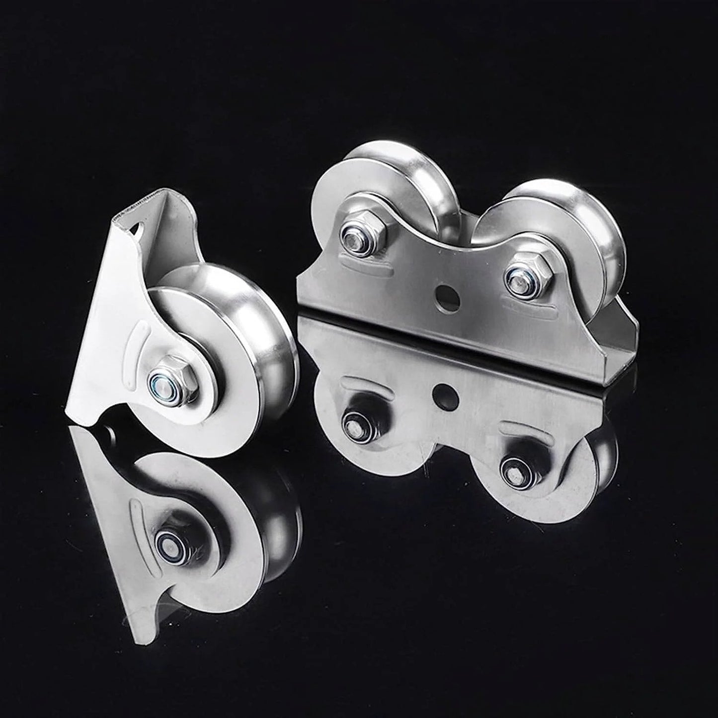 Pulley,Pulley Wheel, Pulley Wheel Clothes line Pulley U Groove Wheel Pulley Stainless Steel Pulley Block Super Silent Single Lifting Rope Pulley Roller Track Block for Wire Rope, showcasing stainless steel construction and dual wheel setup.