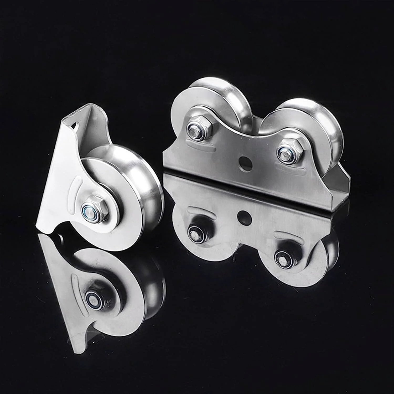 Pulley,Pulley Wheel, Pulley Wheel Clothes line Pulley U Groove Wheel Pulley Stainless Steel Pulley Block Super Silent Single Lifting Rope Pulley Roller Track Block for Wire Rope, showcasing stainless steel construction and dual wheel setup.