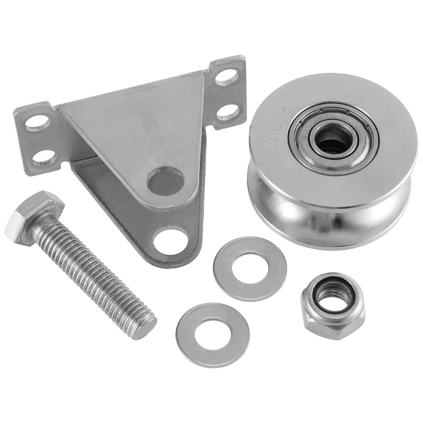 2 Pcs 2 Inch U Groove Wheel, Stainless Steel Groove Wheel Pulley kit showing pulley, bracket, bolt, and washers