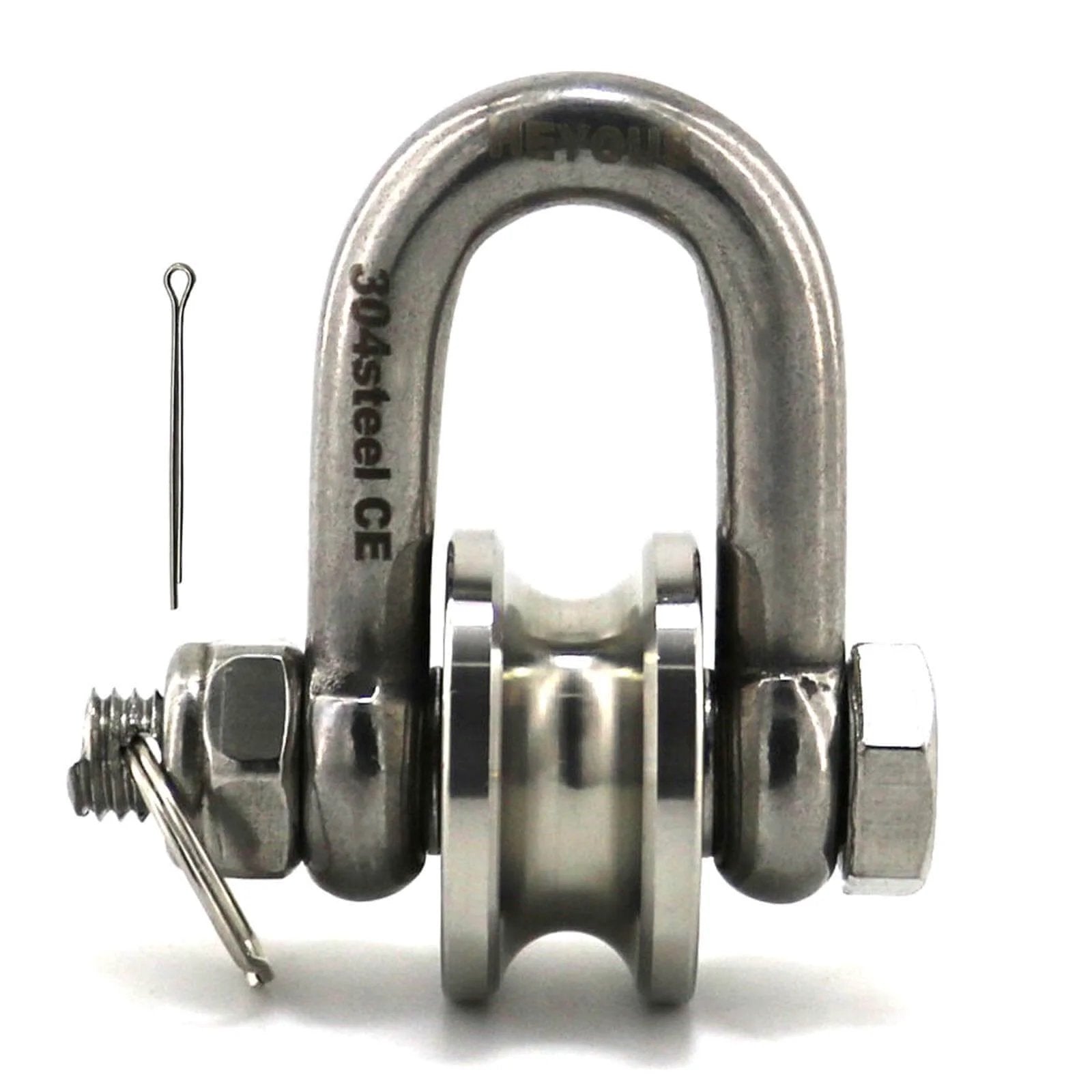 Front view of Long Unbuckled U Shaped Swivelling Pulley Stainless Steel Duplex Bearing Silver Pulley for cranes and salvage systems.