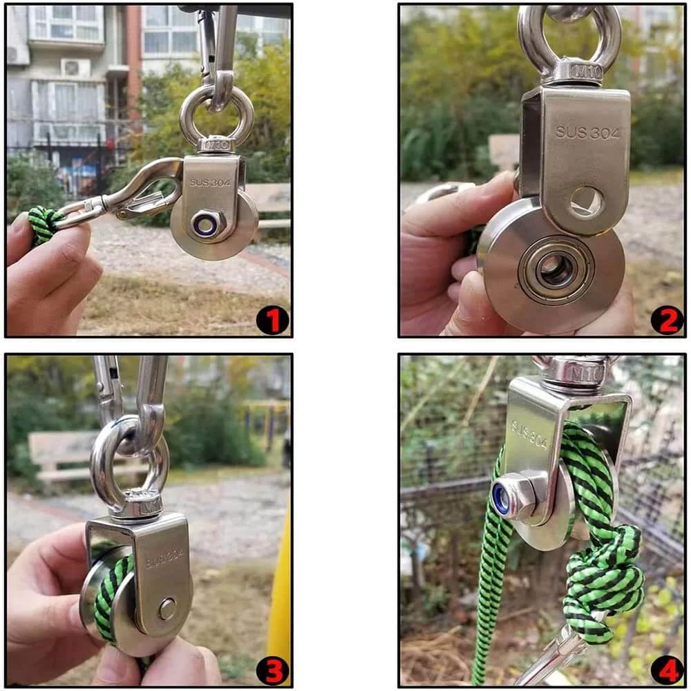 2 Inch U-Type Pulleys for Rope, Stainless Steel M10 Swivel Pulley Block with Bearing in outdoor setting
