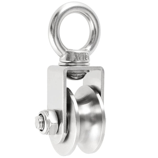 Close-up of 2 Inch U-Type Pulleys for Rope, Stainless Steel M10 Swivel Pulley Block with Bearing, U-Groove Roller Single Pulley Wheel