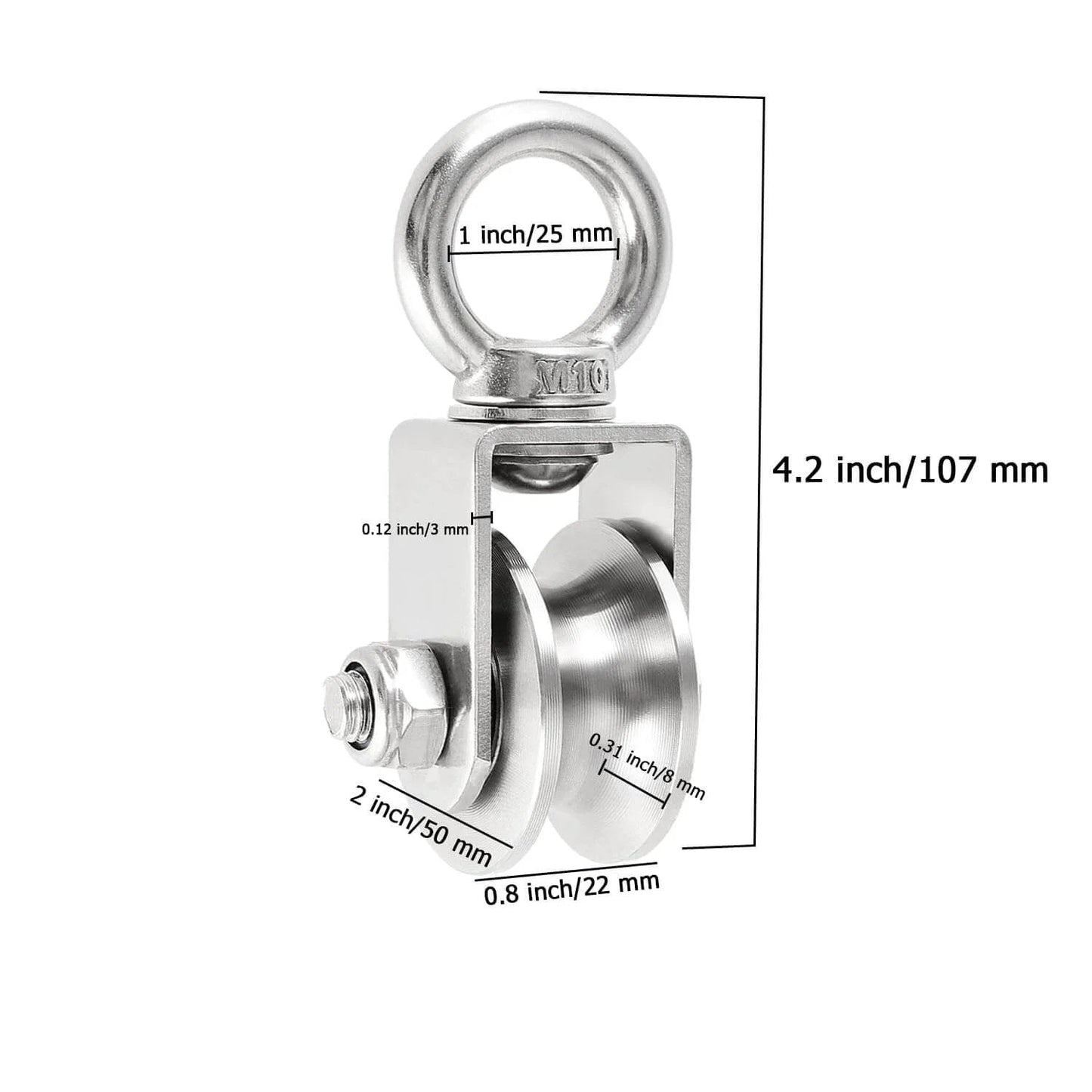 2 Inch U-Type Pulleys for Rope, Stainless Steel M10 Swivel Pulley Block with Bearing, U-Groove Roller Single Pulley Wheel