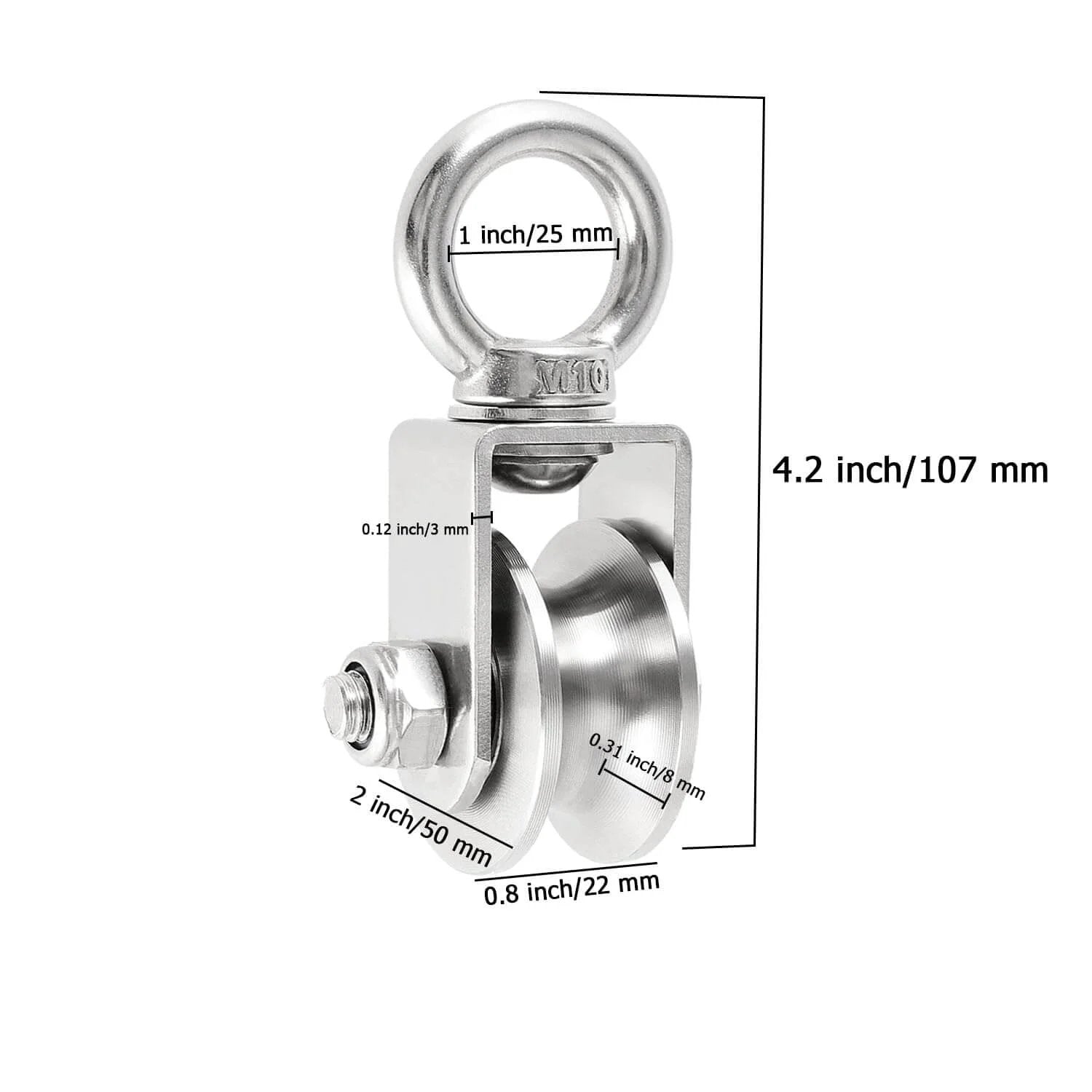 2 Inch U-Type Pulleys for Rope, Stainless Steel M10 Swivel Pulley Block with Bearing, U-Groove Roller Single Pulley Wheel