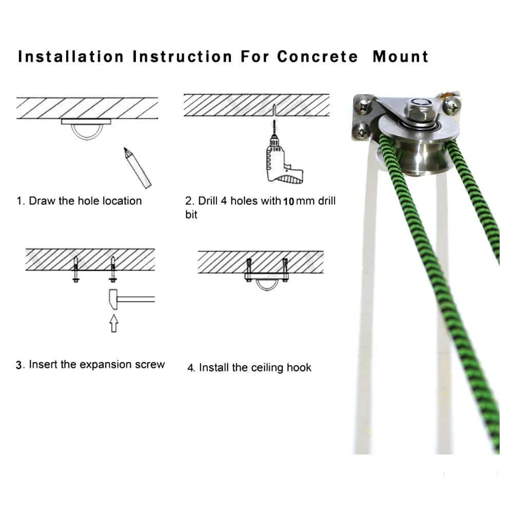 Installation guide for Stainless Steel Pulley Block Single Wheel Swivel Lifting Rope Pulley Block with Mounting Screws and Expansion Pipes