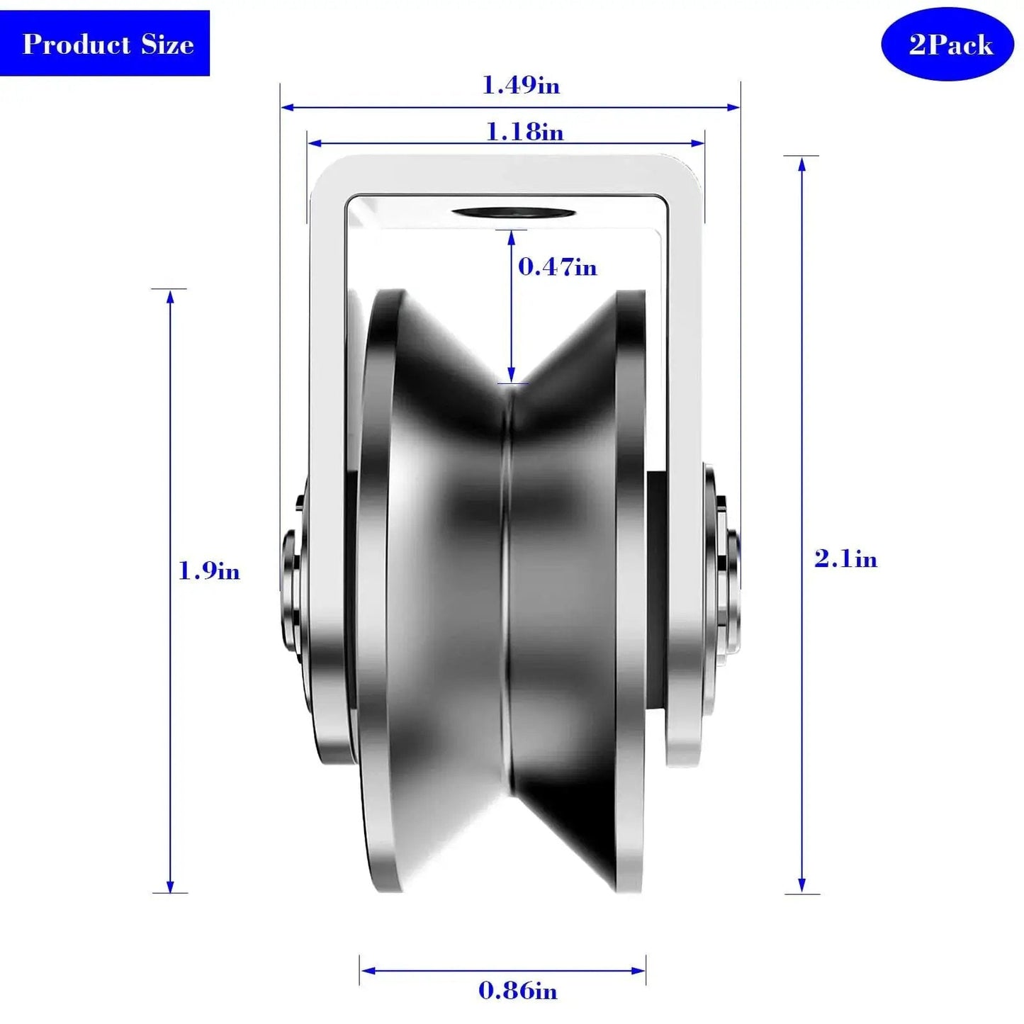 Side view of Two Pack 2 Inch Stainless Steel V Groove Pulley Wheel Set showing size dimensions for heavy duty gate tracks.