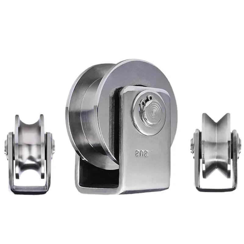 Front and side views of Pulley,Pulley Wheel, 201 Stainless Steel Bearing Pulley Wire Rope Pulley U-Type V-h-Shaped Groove Wheel.