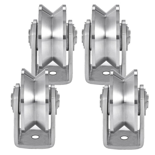 Four V Groove Wheel Stainless Steel Heavy Duty Wire Rope Pulley Block Sliding Gate Rollers Double Bearing Plate Caster Solid Track Rollers