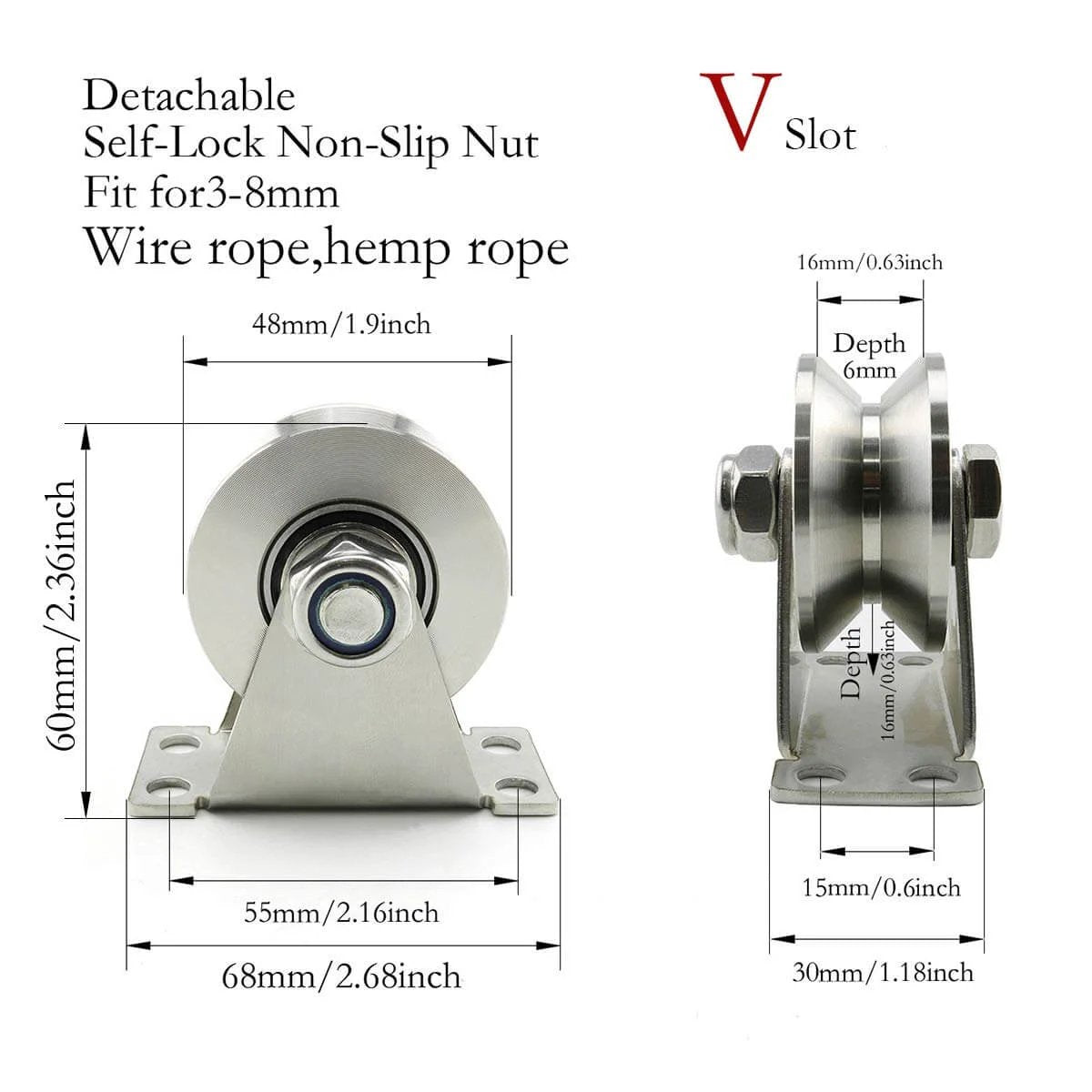 Front and side view of Stainless Steel Pulley Block Single Wheel Swivel Lifting Rope Pulley Block with Mounting Screws, V Groove Type
