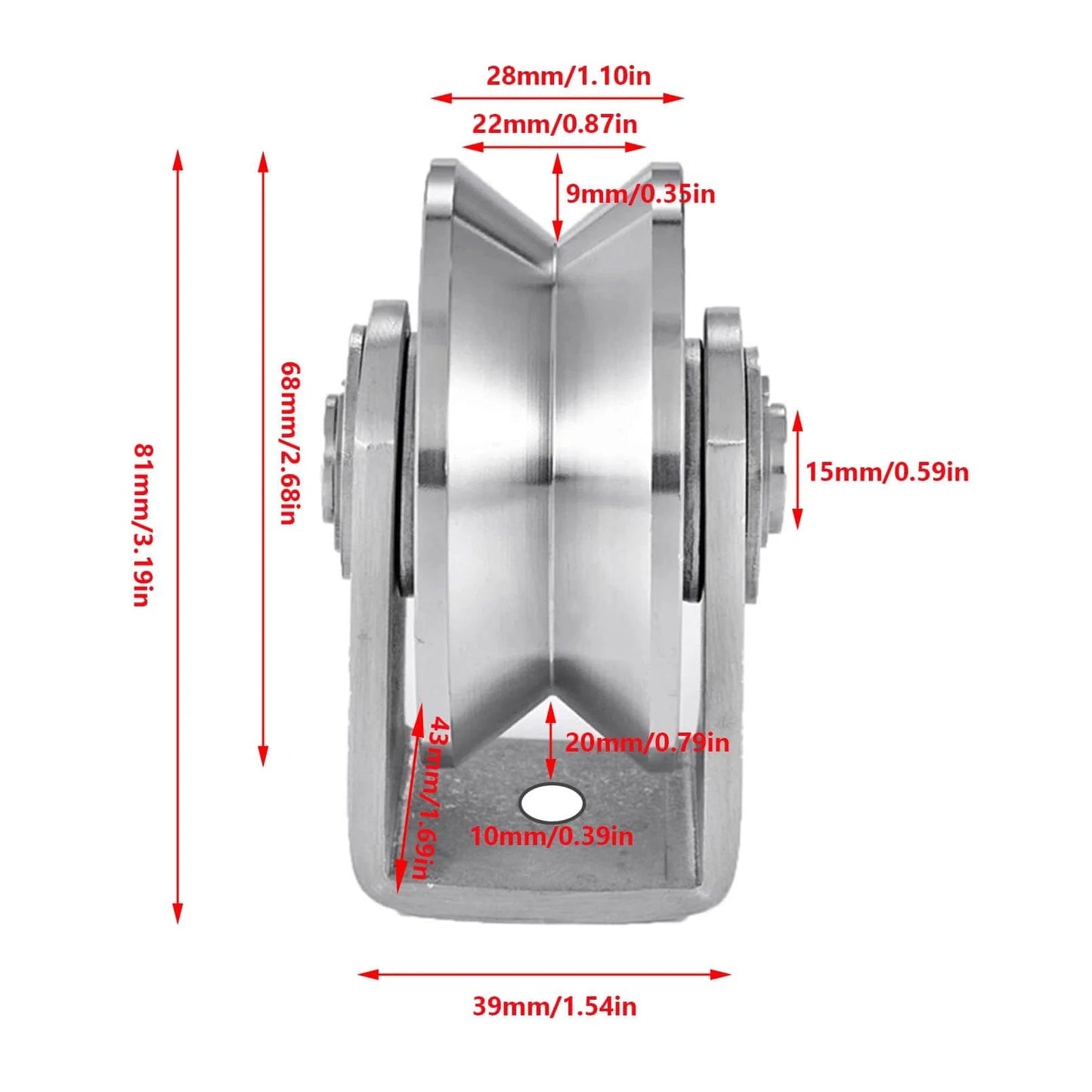 Side view of V Groove Wheel Stainless Steel Heavy Duty Wire Rope Pulley Block Sliding Gate Rollers with measurements