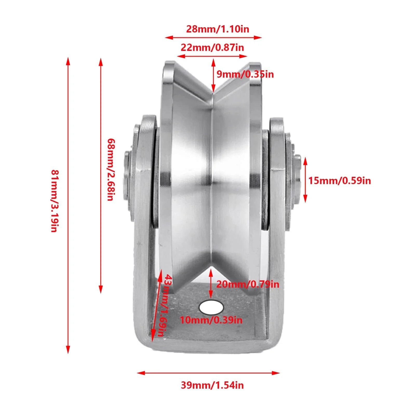 Side view of V Groove Wheel Stainless Steel Heavy Duty Wire Rope Pulley Block Sliding Gate Rollers with measurements