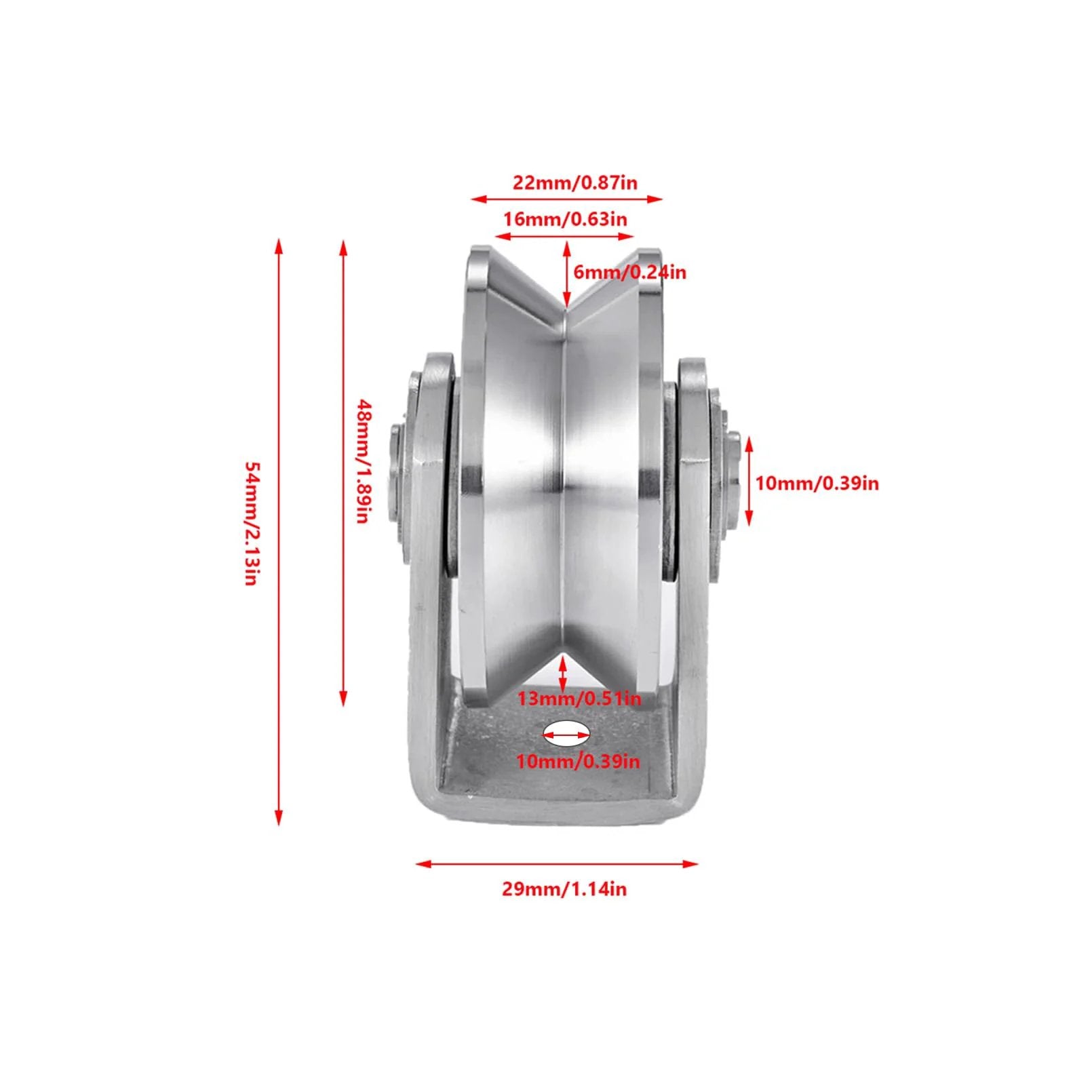 Front view of 2pcs V Groove Wheel Stainless Steel Heavy Duty Wire Rope Pulley Block Sliding Gate Rollers with measurements shown.