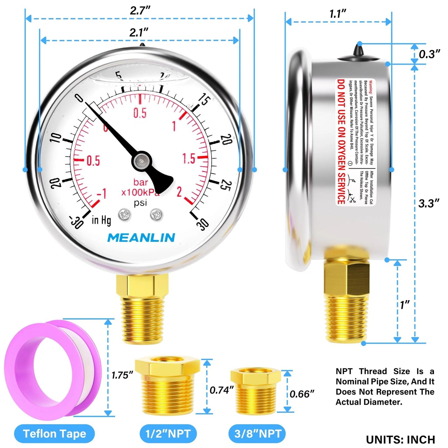 Heavy Duty Stainless Steel Vacuum And Pressure Gauge By Meanlin Measure With Two Point Five Inch Dial Face Lower Mount One Quarter NPT 30 InHg To 30 Psi Liquid Filled Includes One Half NPT And Three Eighth NPT Hex Bushings Silver, displaying front and side views with installation hardware.