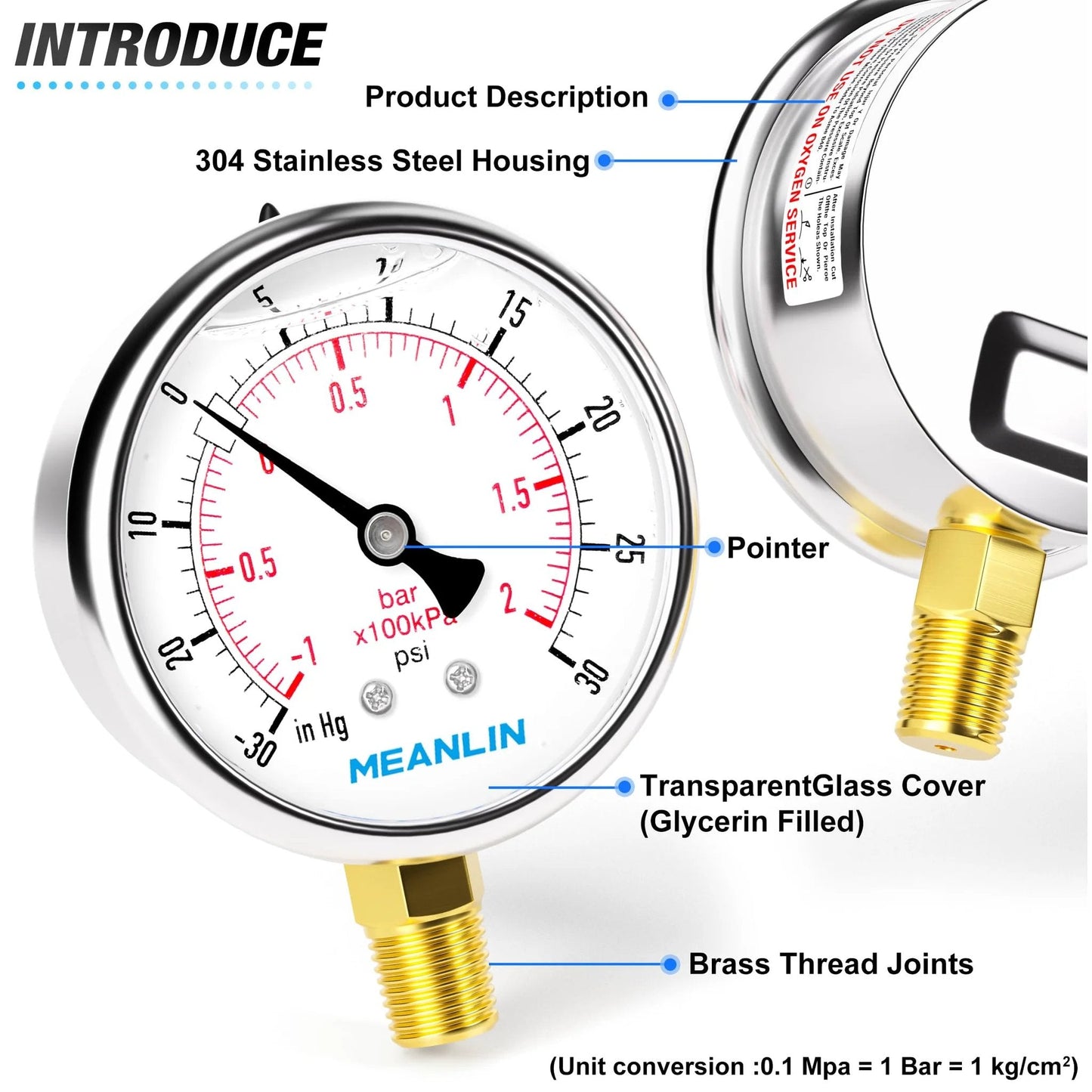 Heavy Duty Stainless Steel Vacuum And Pressure Gauge By Meanlin Measure With Two Point Five Inch Dial Face Lower Mount One Quarter NPT 30 InHg To 30 Psi Liquid Filled Includes One Half NPT And Three Eighth NPT Hex Bushings Silver, side view showing gauge face and brass fittings.