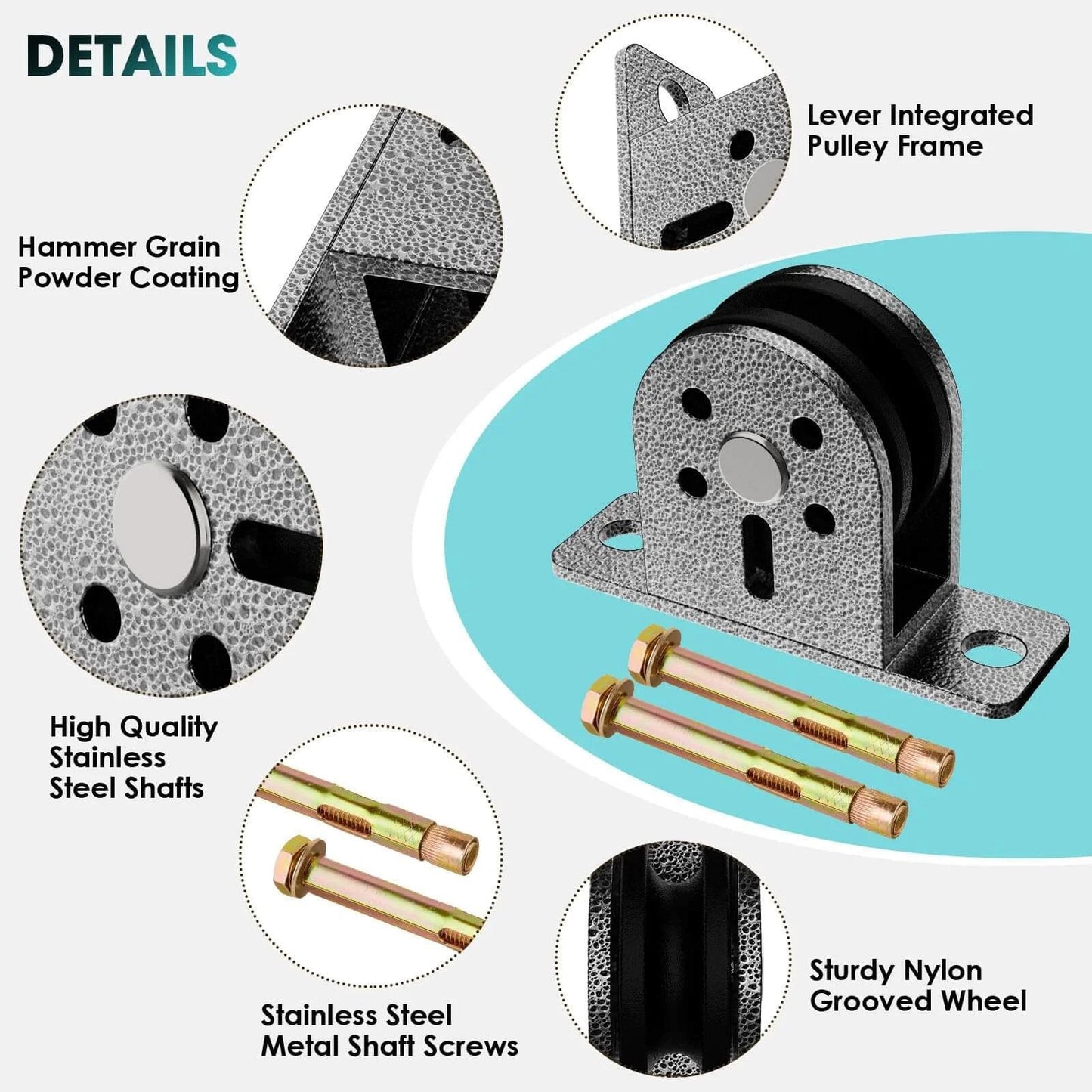 Detailed view of Cable Rope Bearing Pulley Wheel, showing nylon grooved wheel and stainless steel frame with screws.