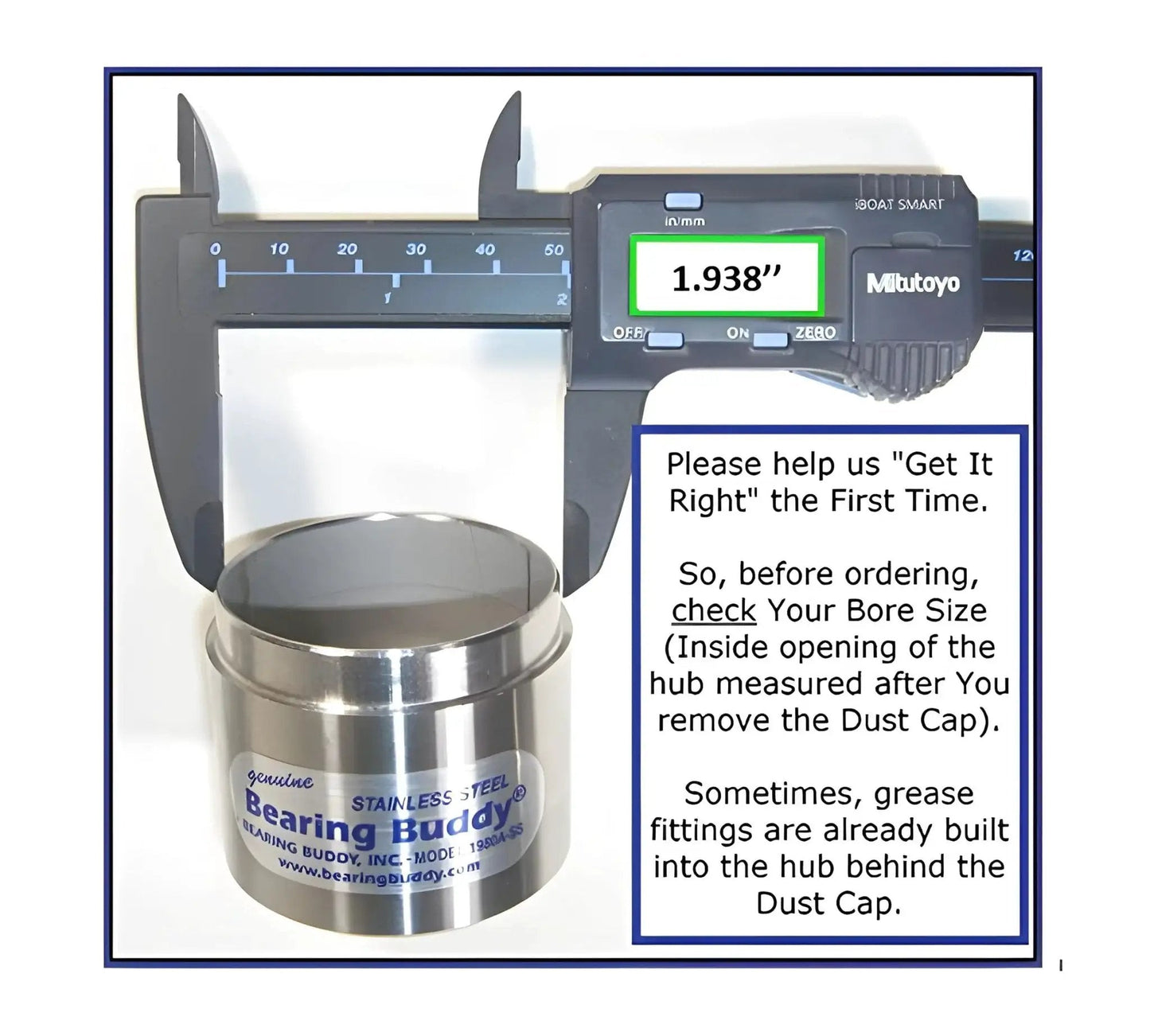 Measuring USA Made Stainless Steel Wheel Bearing Protectors for Trailers and Boats Bearing Buddy 1938-SS with caliper