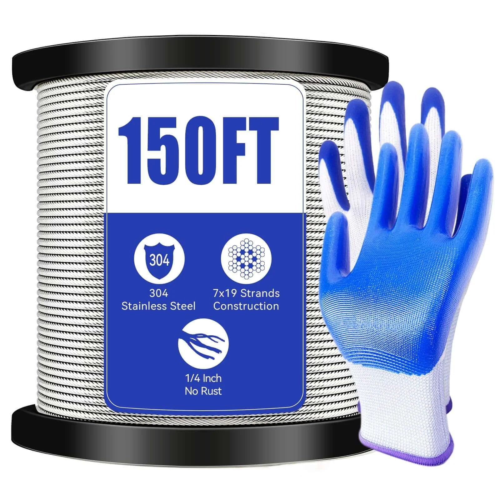 1/4" Stainless Steel Cable,7x19 Strand Aircraft Wire Rope,Cable for Heavy Duty Applications,Outdoor Pulley Cables,Deck Railing with Gloves,Breaking Strength 6400 Ibs,150FT spool with gloves