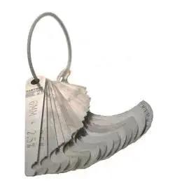 Metric Wire Rope And Sheave Gauge Stainless Steel With 17 Leaves Covering 6mm To 38mm displayed fanned out on a ring.