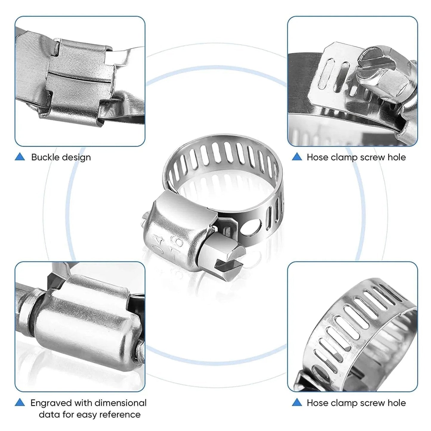 12 Pack 304 Stainless Steel SAE 24 Worm Gear Hose Clamps Adjustable From 1 And 1 Sixteenth Inch To 2 Inches Ideal For Automotive Marine Plumbing And Industrial Applications Corrosion Resistant Band Clamp Set featuring close-up of buckle design, hose clamp screw hole, and engraved dimensional data.