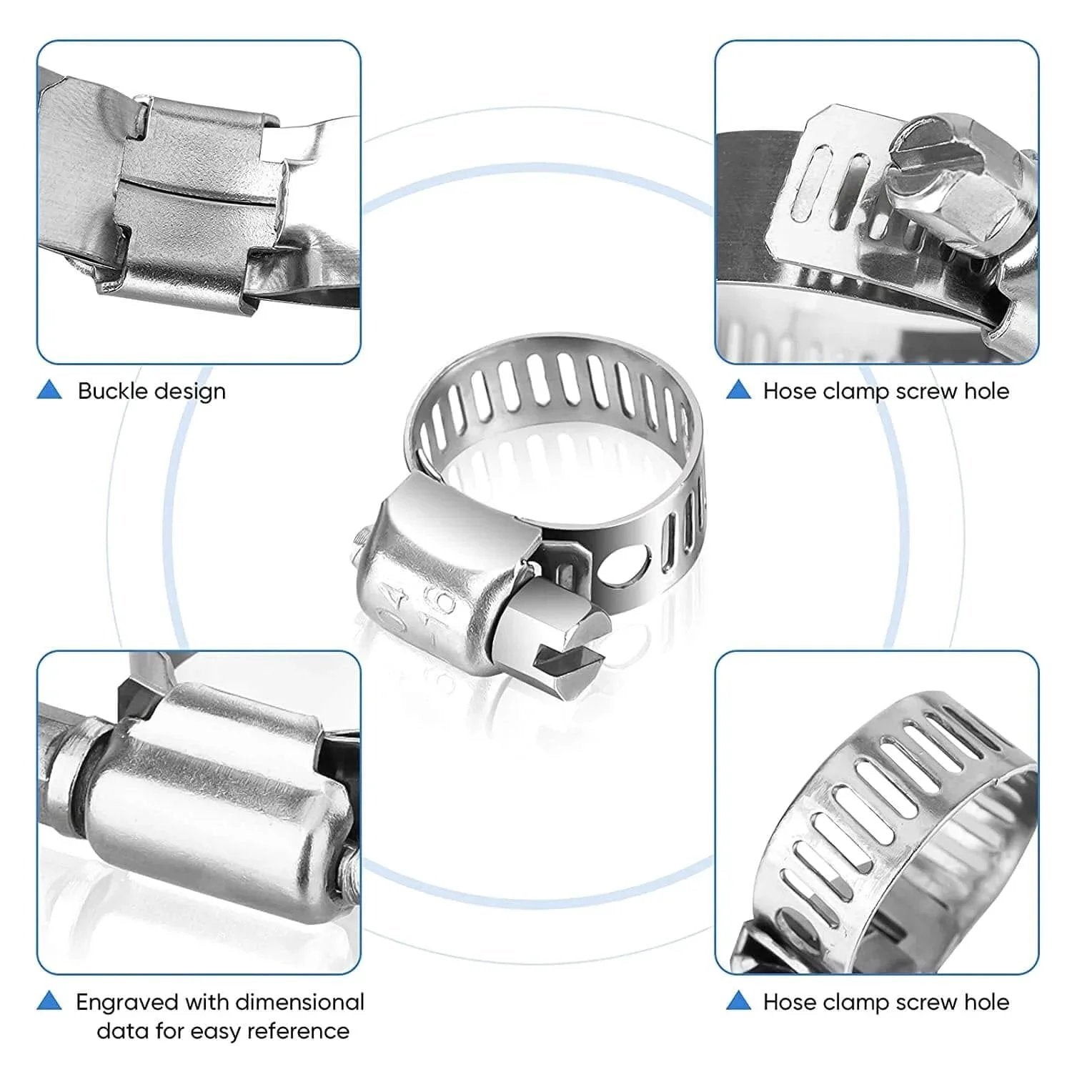 12 Pack 304 Stainless Steel SAE 24 Worm Gear Hose Clamps Adjustable From 1 And 1 Sixteenth Inch To 2 Inches Ideal For Automotive Marine Plumbing And Industrial Applications Corrosion Resistant Band Clamp Set featuring close-up of buckle design, hose clamp screw hole, and engraved dimensional data.