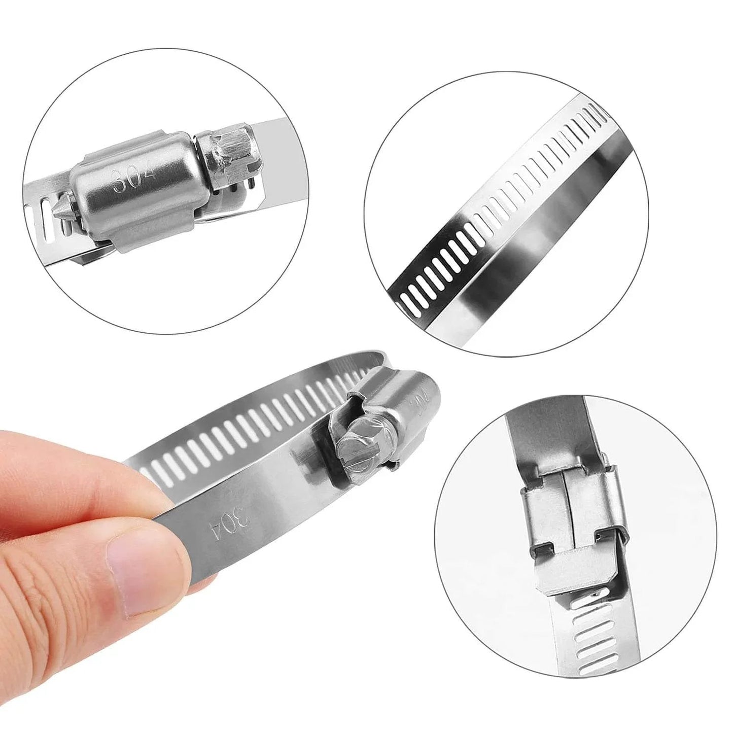 Close-up of 10 Pack 3 Inch Stainless Steel Hose Clamps Worm Gear Duct Clamps Adjustable 3 to 3.5 Inch 75 to 90mm.
