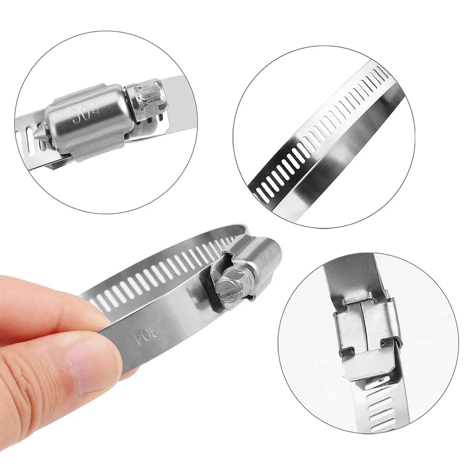 Close-up of 10 Pack 3 Inch Stainless Steel Hose Clamps Worm Gear Duct Clamps Adjustable 3 to 3.5 Inch 75 to 90mm.