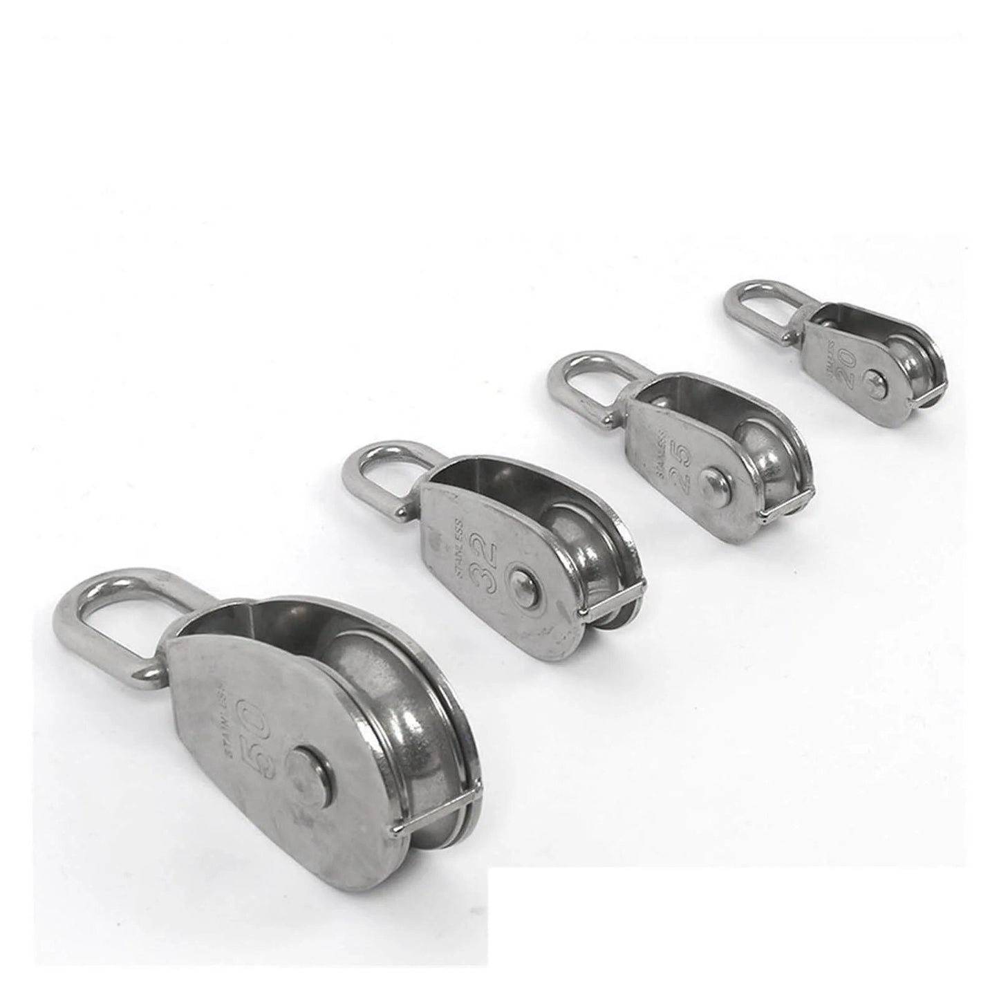 Stainless Steel Pulley M25 Single Wheel Swivel Lifting Rope Pulley Set, showing different sizes of the lifting wheel tools.