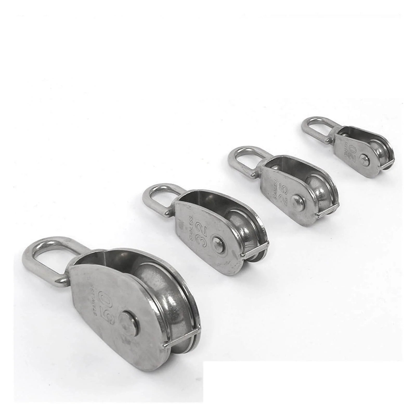 Stainless Steel Pulley M25 Single Wheel Swivel Lifting Rope Pulley Set, showing different sizes of the lifting wheel tools.