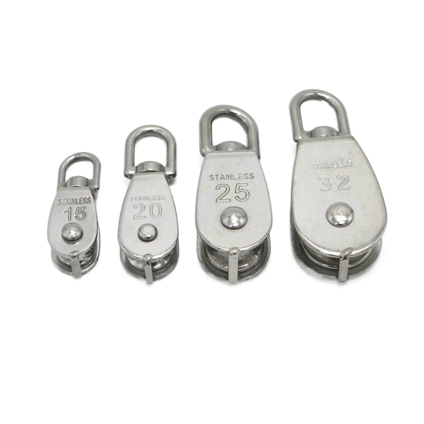 Stainless steel lifting pulleys in assorted sizes, including M20 Single Swivel Lifting 0.3" Rope Pulley Roller Block Sheave 0.03 Ton Timing Pulley(M20).