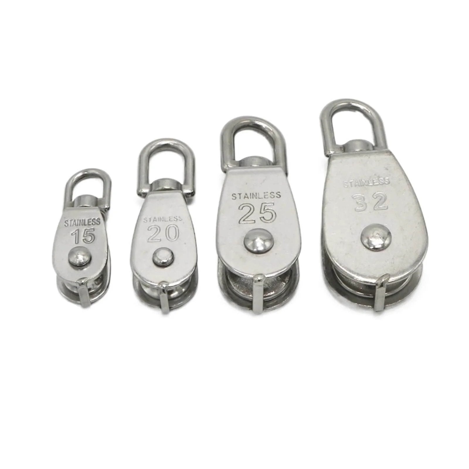 Stainless steel lifting pulleys in assorted sizes, including M20 Single Swivel Lifting 0.3" Rope Pulley Roller Block Sheave 0.03 Ton Timing Pulley(M20).