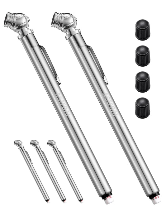 2 Pack Pencil Tire Pressure Gauge, 10 To 75 PSI Range, ANSI B40.1 Grade B ±2% Calibration, Stainless Steel Body With Metal Nozzle, Measures PSI, kPa And Bar For Cars, Bikes And All Vehicles