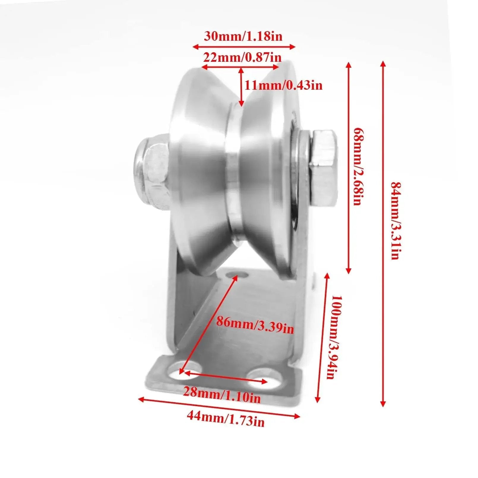 Side view of Stainless Steel 304 V Groove Gate Wheels Heavy Duty Track Roller With Double Bearing Plate Caster And V Shaped Bracket