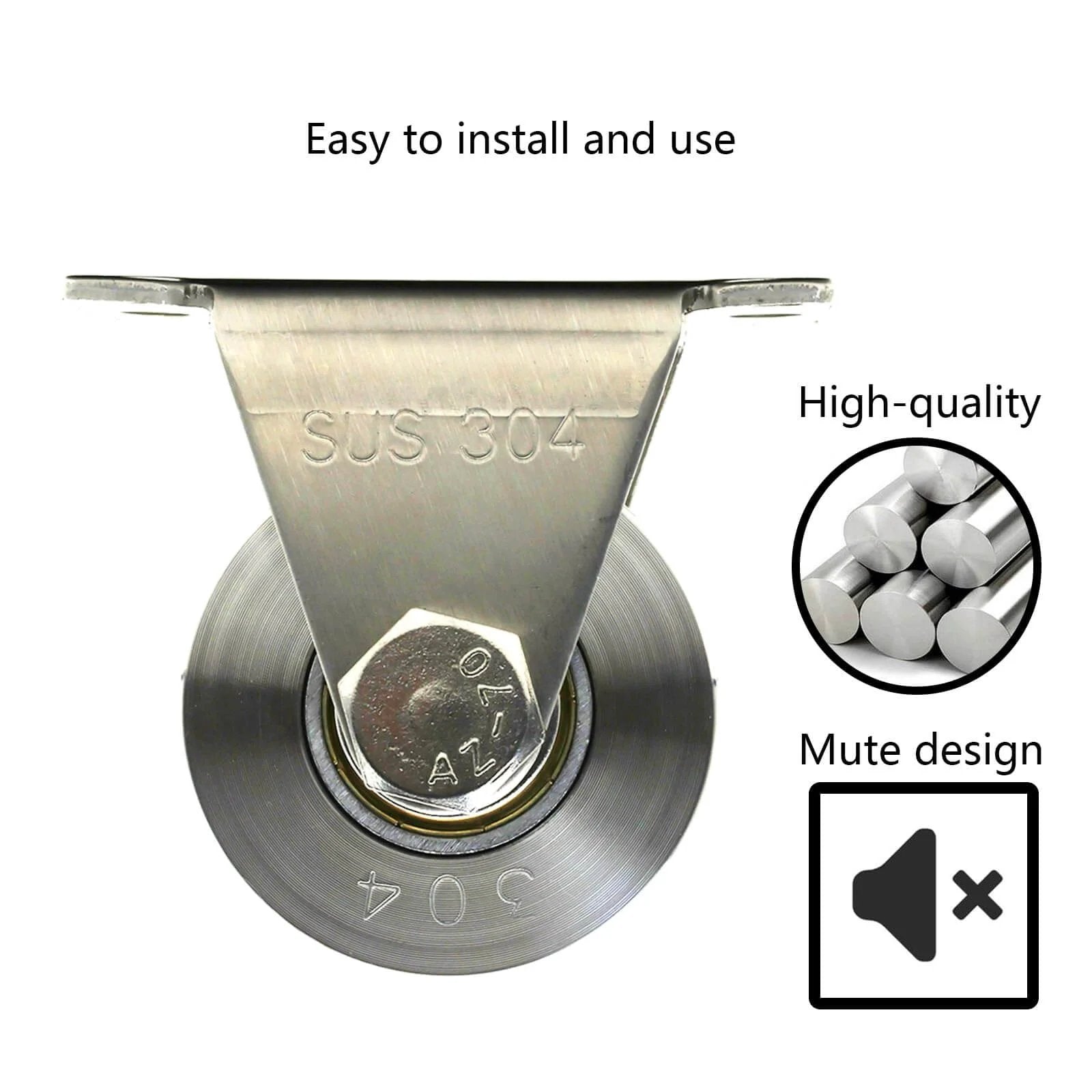 Front view of V Type Groove Wheel Pulley Stainless Steel Silent Pulley Block, showing SUS 304 material and mute design