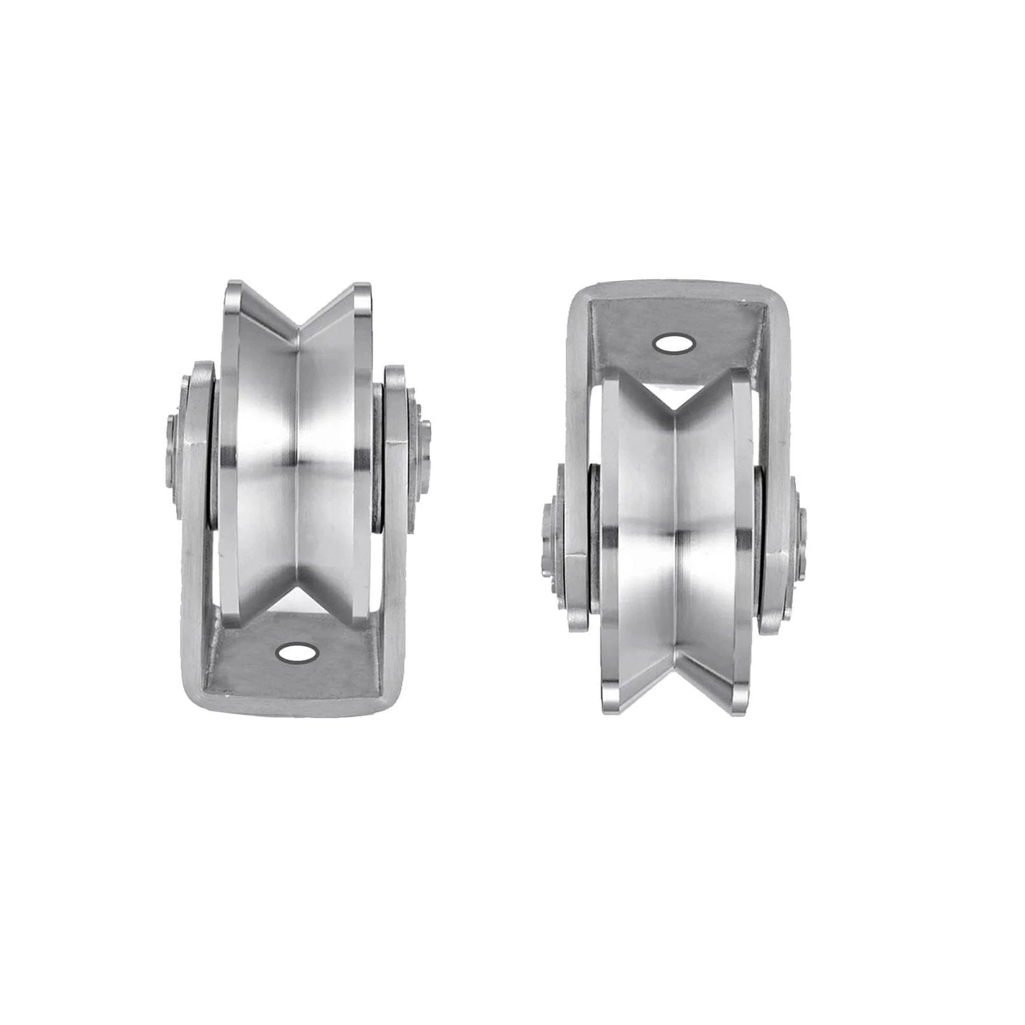 Front view of 2pcs V Groove Wheel Stainless Steel Heavy Duty Wire Rope Pulley Block Sliding Gate Rollers Double Bearing Plate Caster Solid Track Rollers