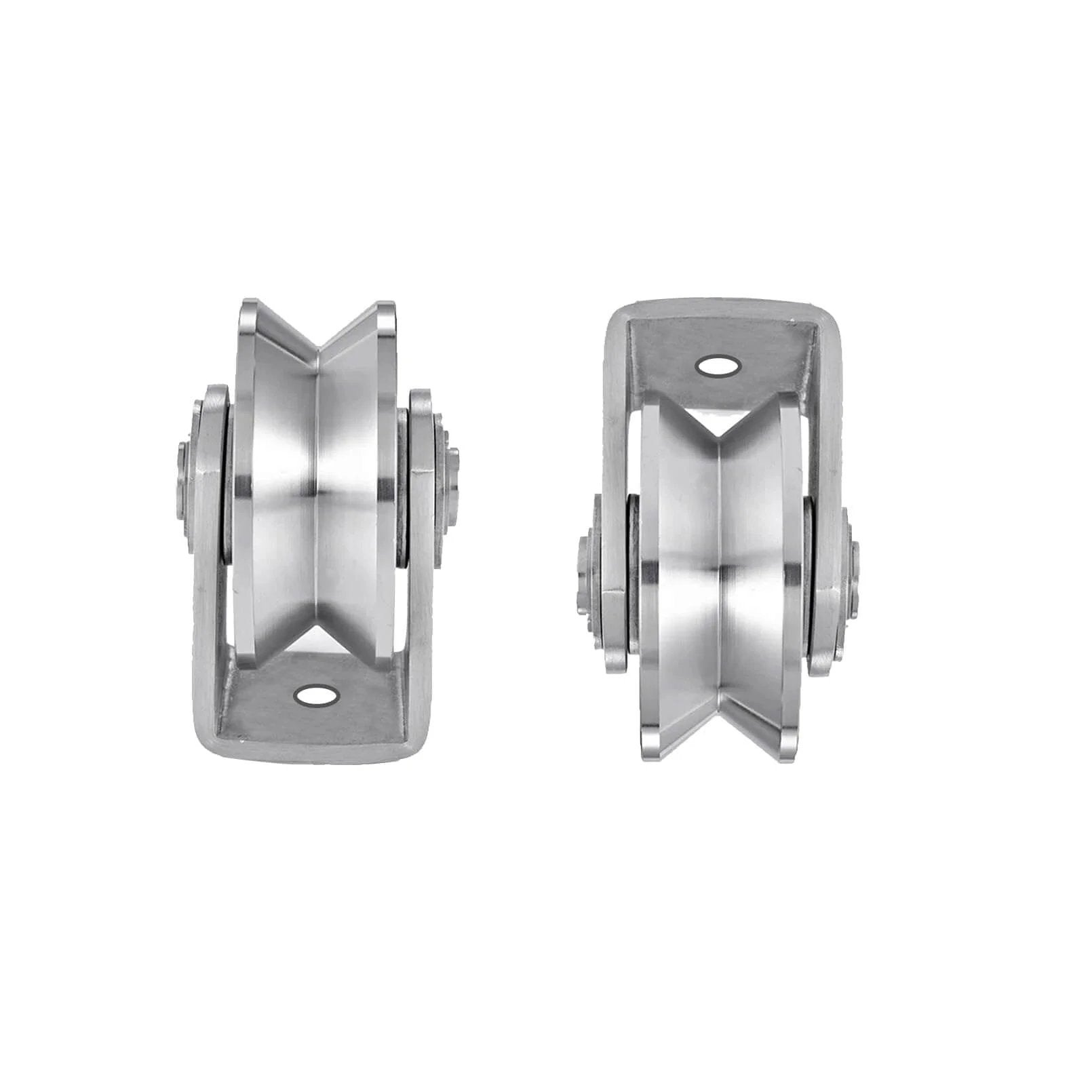Front view of 2pcs V Groove Wheel Stainless Steel Heavy Duty Wire Rope Pulley Block Sliding Gate Rollers Double Bearing Plate Caster Solid Track Rollers