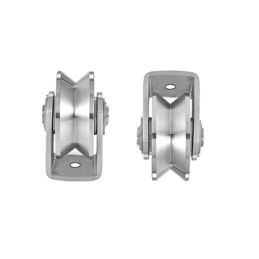 Front view of 2pcs V Groove Wheel Stainless Steel Heavy Duty Wire Rope Pulley Block Sliding Gate Rollers Double Bearing Plate Caster Solid Track Rollers