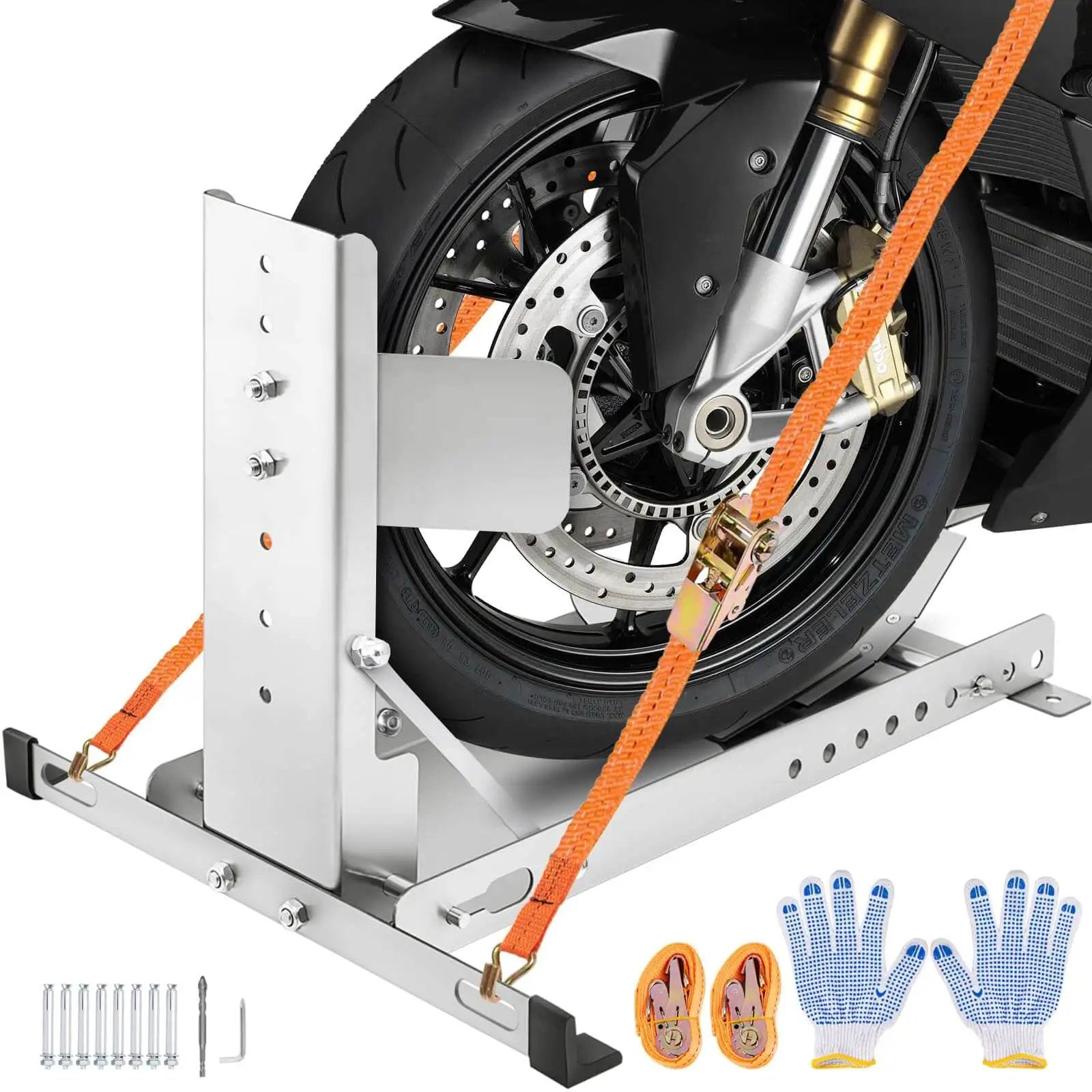 Heavy Duty Stainless Steel Motorcycle Wheel Chock Stand With Anti Rust Finish 3000 Lbs Load Capacity Universal Front Tire Stand