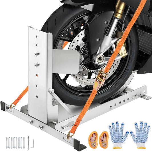 Heavy Duty Stainless Steel Motorcycle Wheel Chock Stand With Anti Rust Finish 3000 Lbs Load Capacity Universal Front Tire Stand