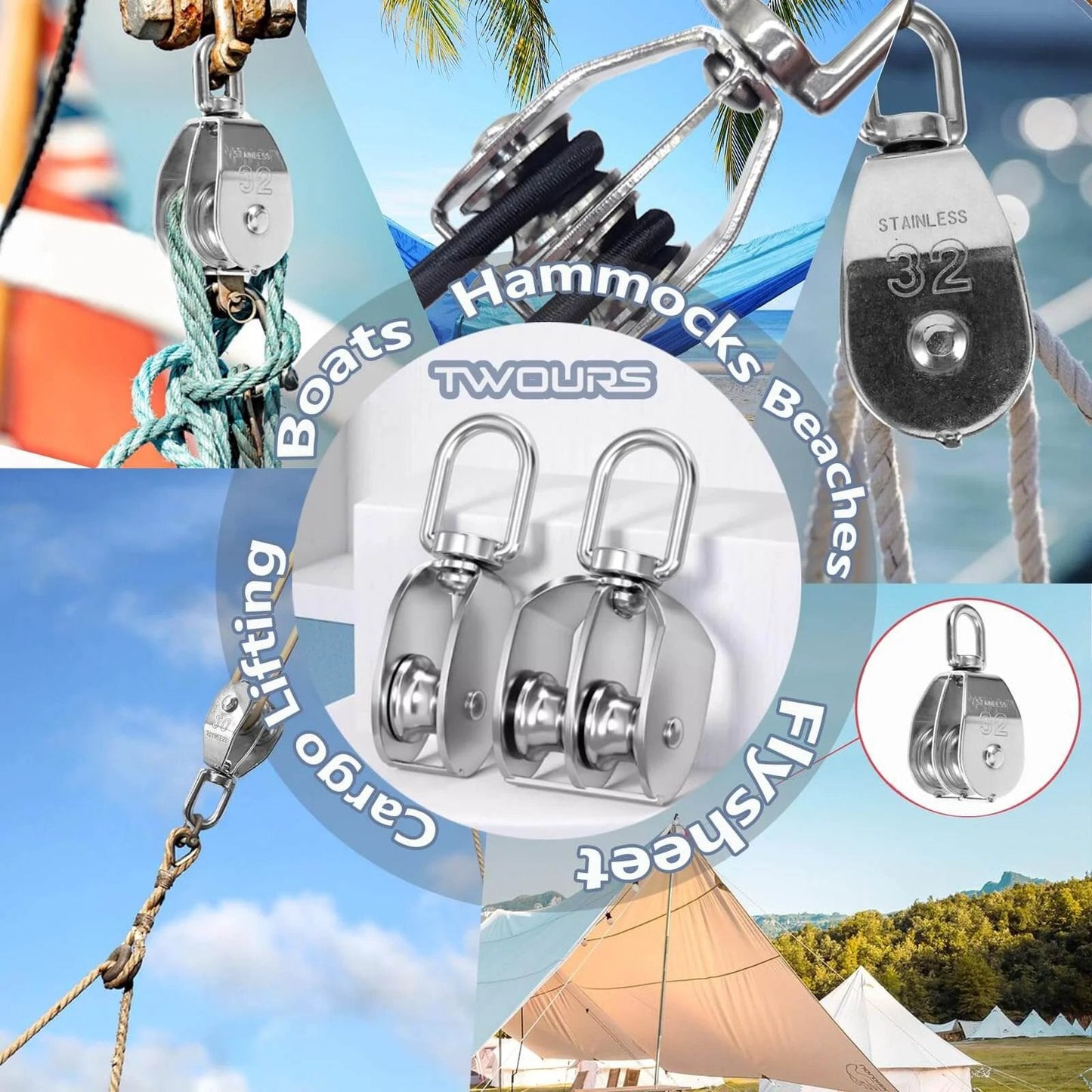 Collage showcasing Twours Pulley 304 Stainless Steel Single Pulley Block M25 for rigging, lifting, and cargo transportation in outdoor settings.