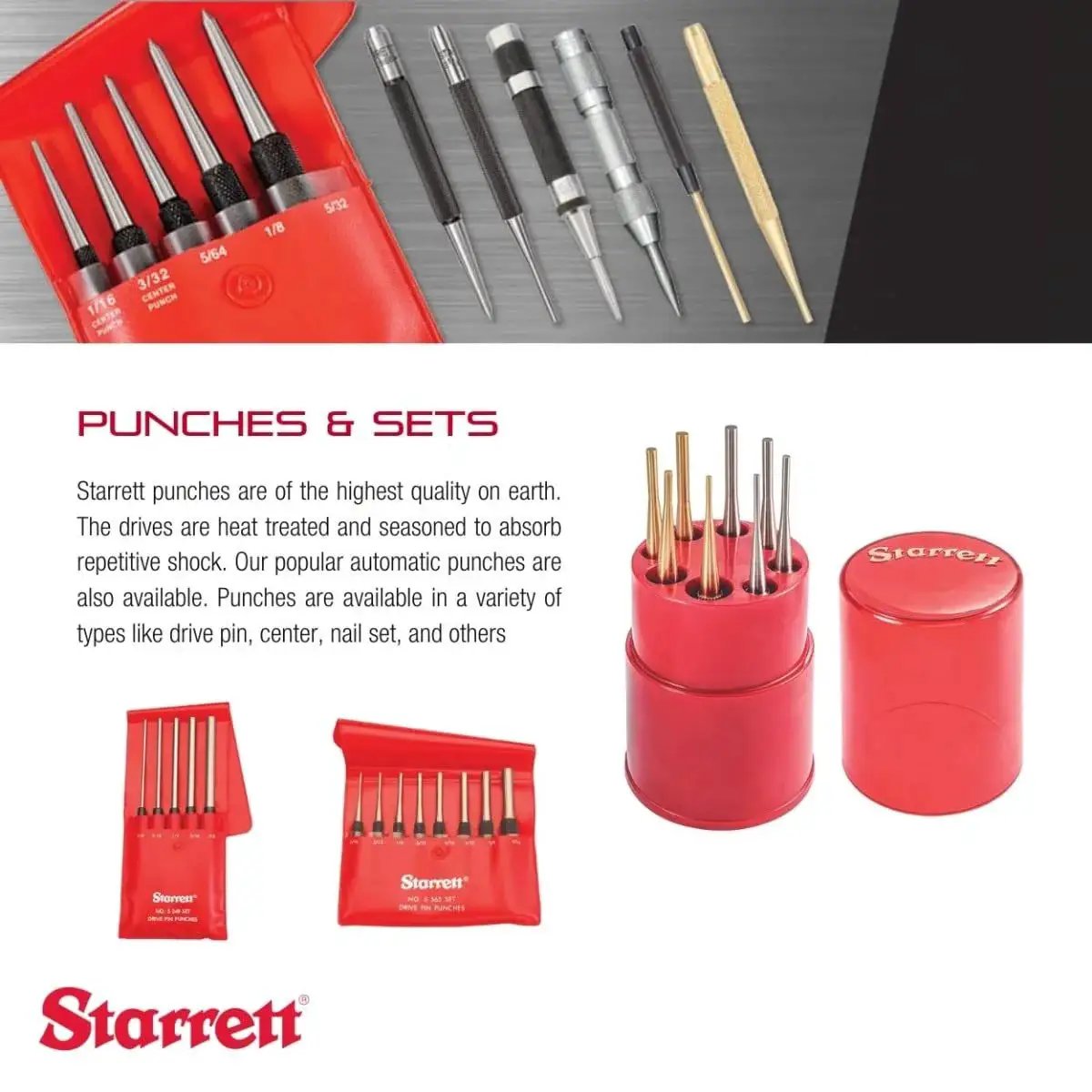 Eight Piece Drive Pin Punch Set with knurled grips in a round red storage box; 4 inch length, diameters from 1/16 to 5/16 inch