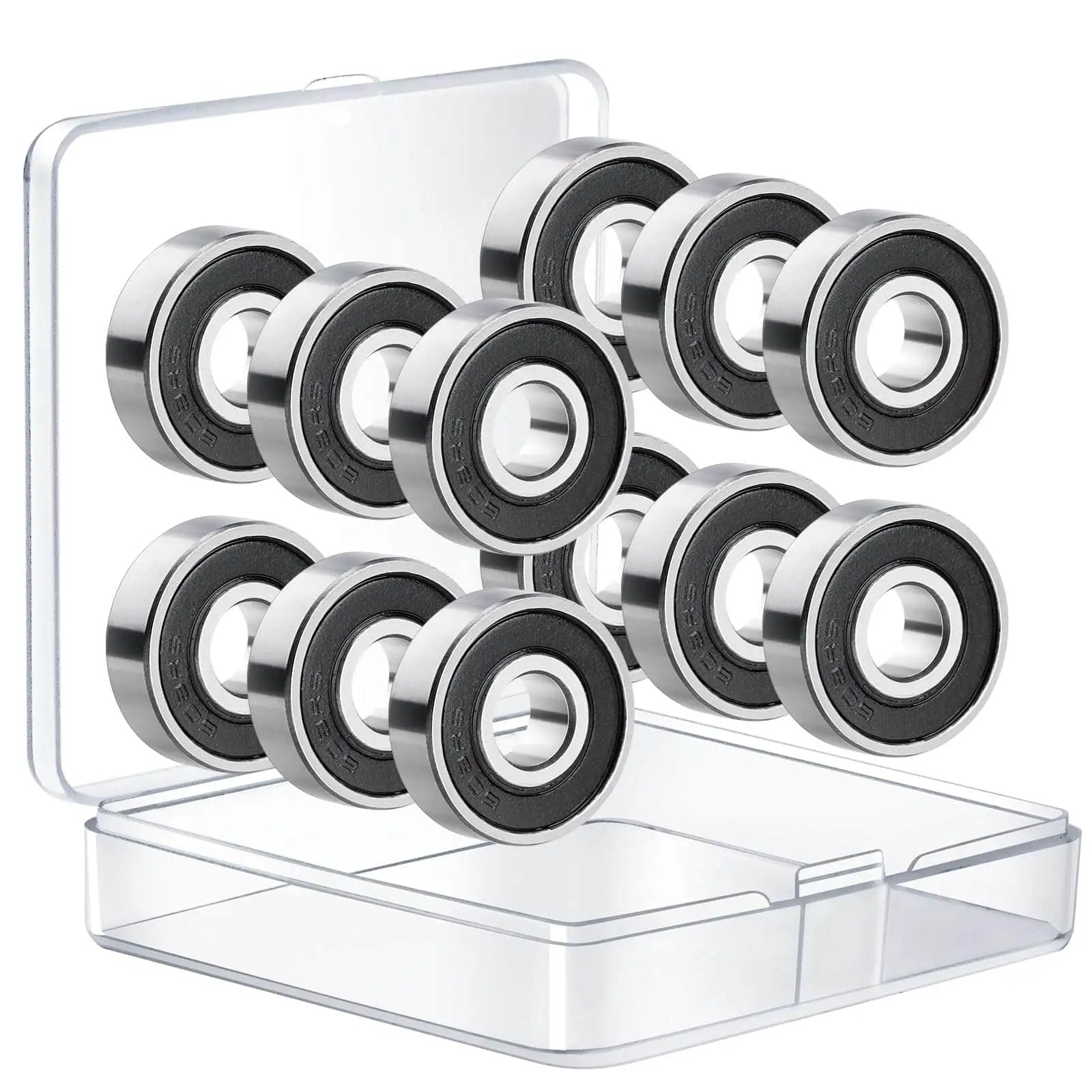Pack of 12 608-2RS sealed ball bearings 8x22x7mm in steel with portable storage box, opened, showing bearings for skateboard wheels.