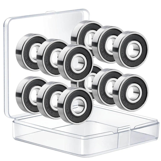 Pack of 12 608-2RS sealed ball bearings 8x22x7mm in steel with portable storage box, opened, showing bearings for skateboard wheels.