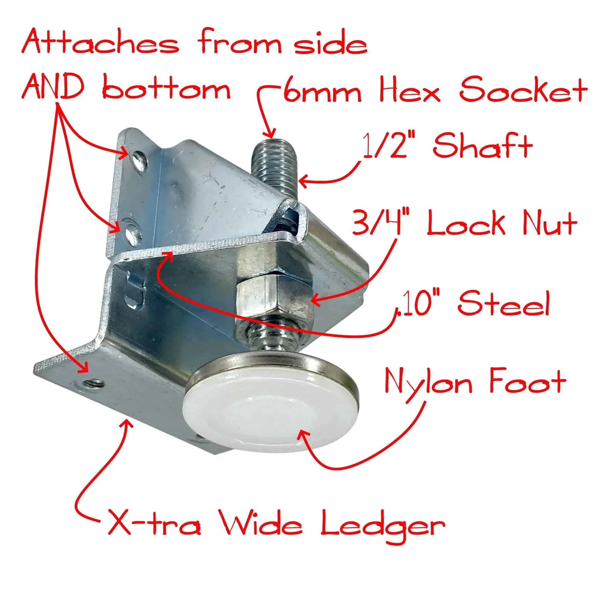 Close-up of Beefy Heavy Duty Leveling Feet for Workbenches and Machinery showing steel adjustable leveler, lock nut, swivel base.