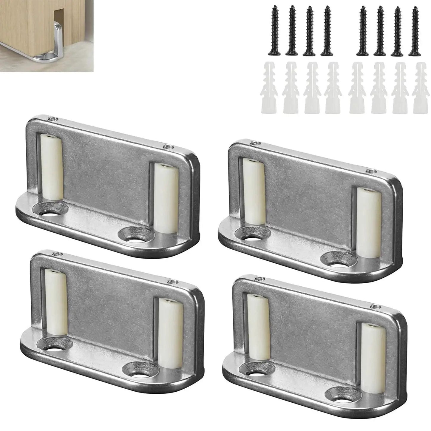 Four barn door floor guide bearings with adjustable bottom rollers in durable steel frame for silent smooth operation and space saving sliding hardware.