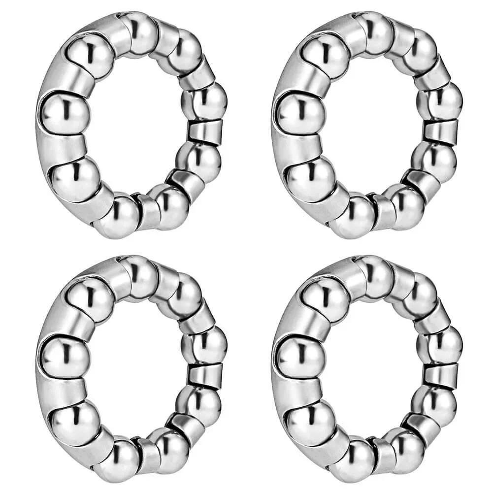 Four steel bike ball crank bearing retainers, one quarter inch with nine balls, for kids Schwinn bicycles and Genesis bikes repair.